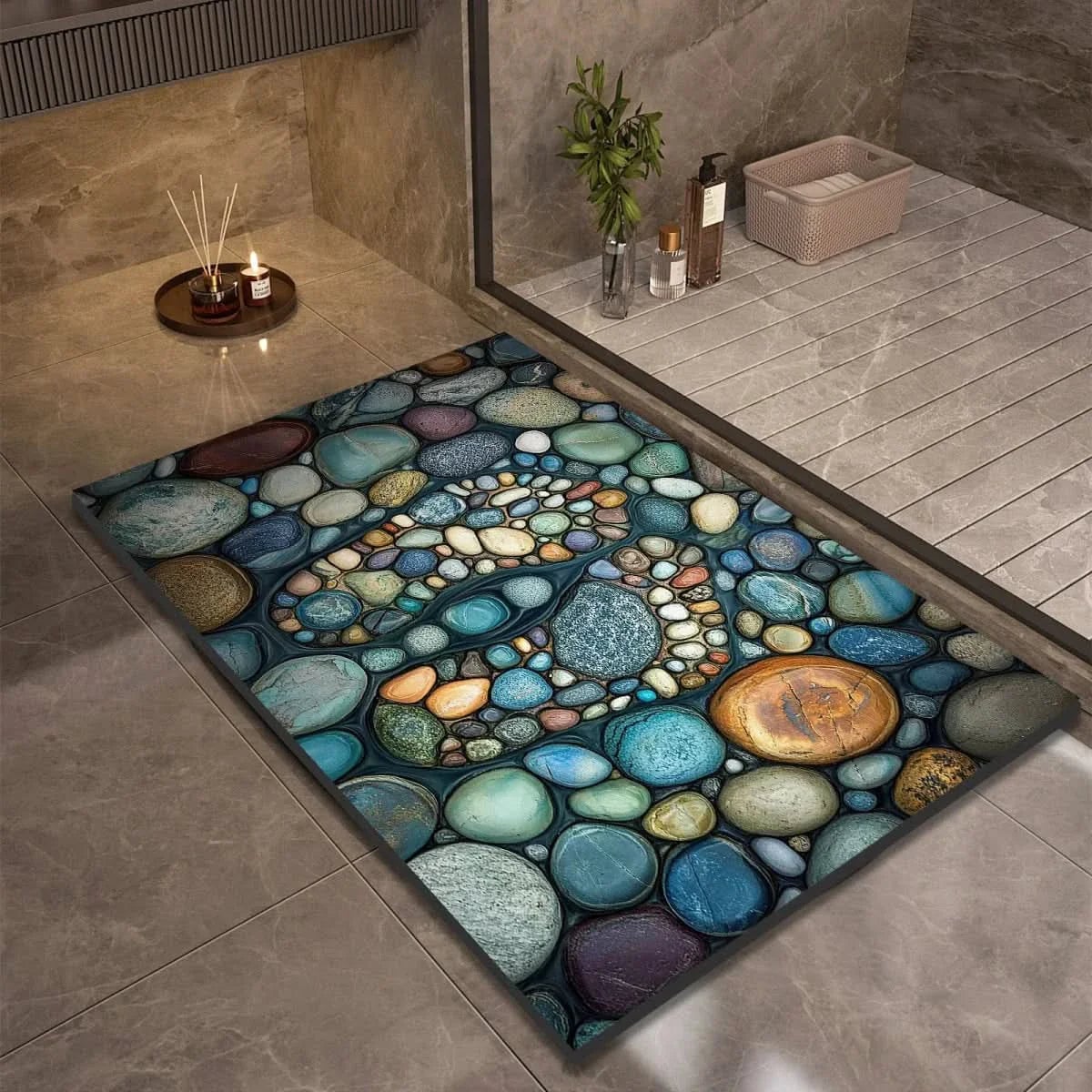 pebble print bath mat with anti-slip backing in 14