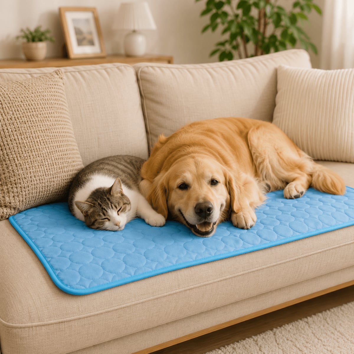 quilted cooling pet mat in blue