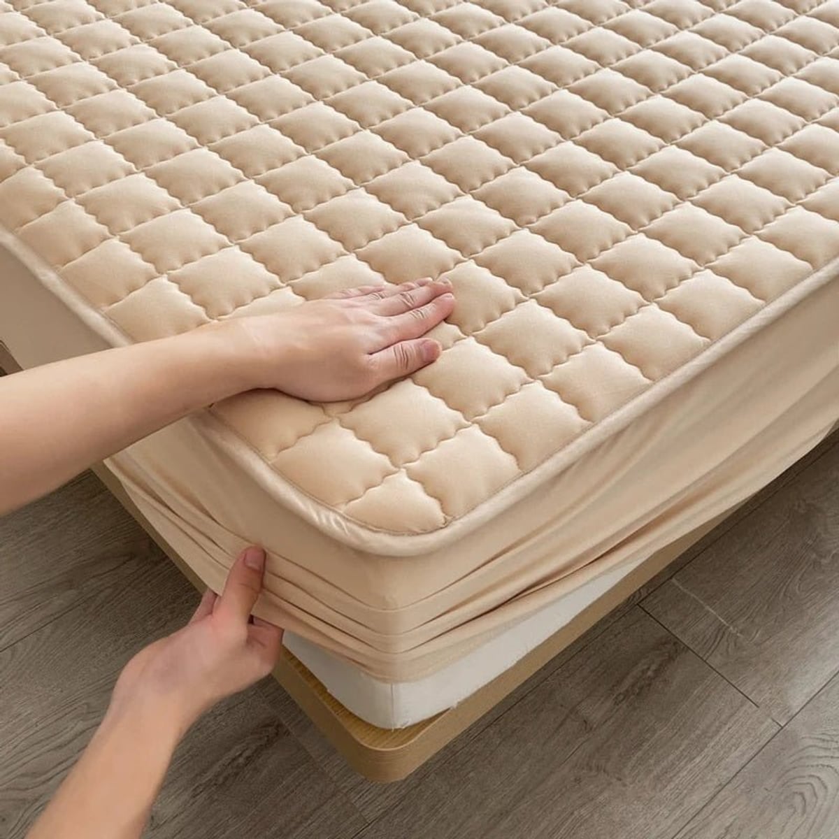 quilted fitted mattress protector in beige