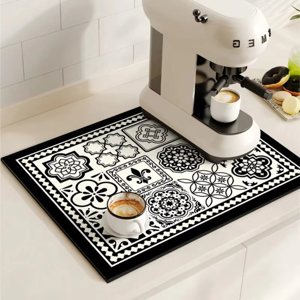 retro tile pattern coffee machine mat in earthy mosaic