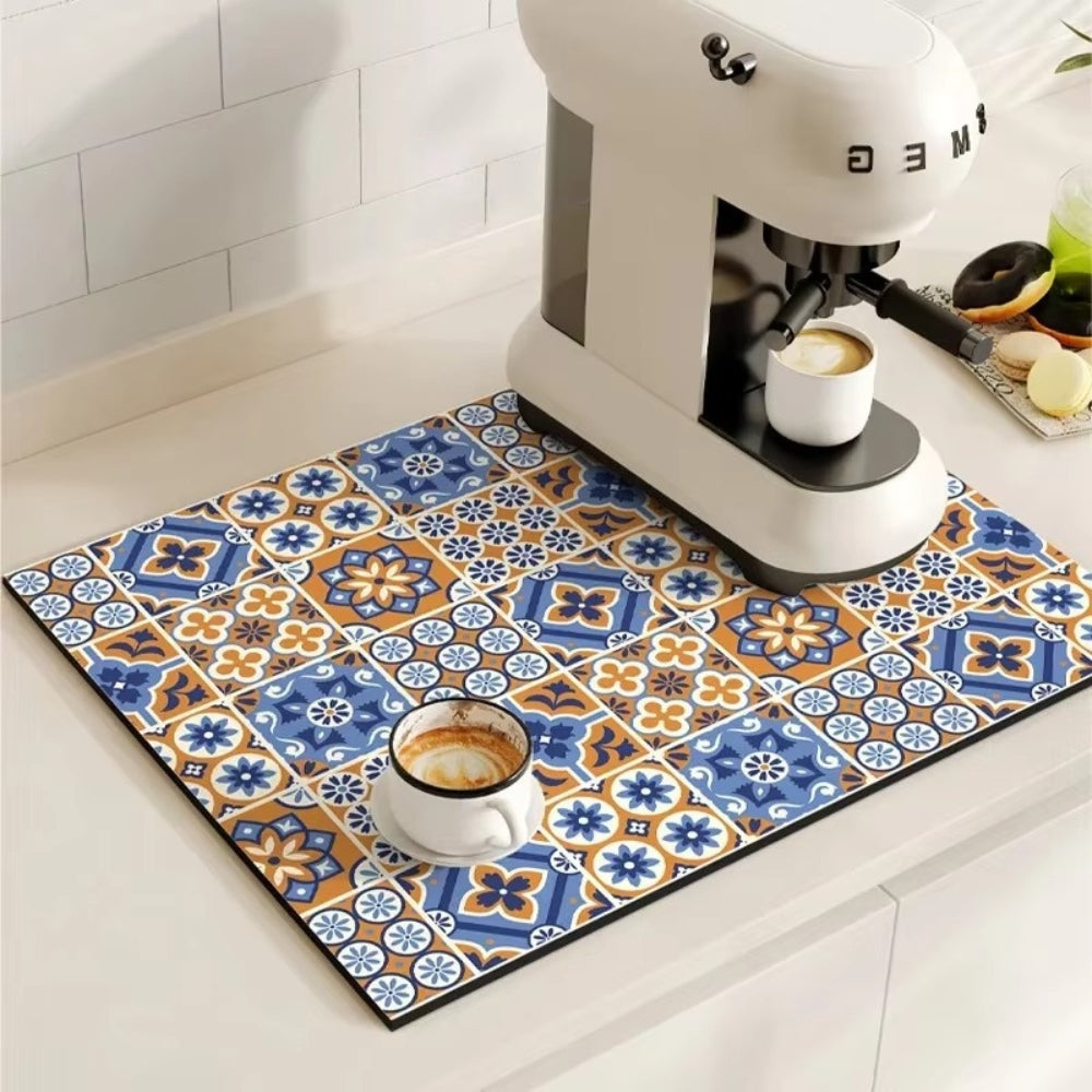 retro tile pattern coffee machine mat in azure patch