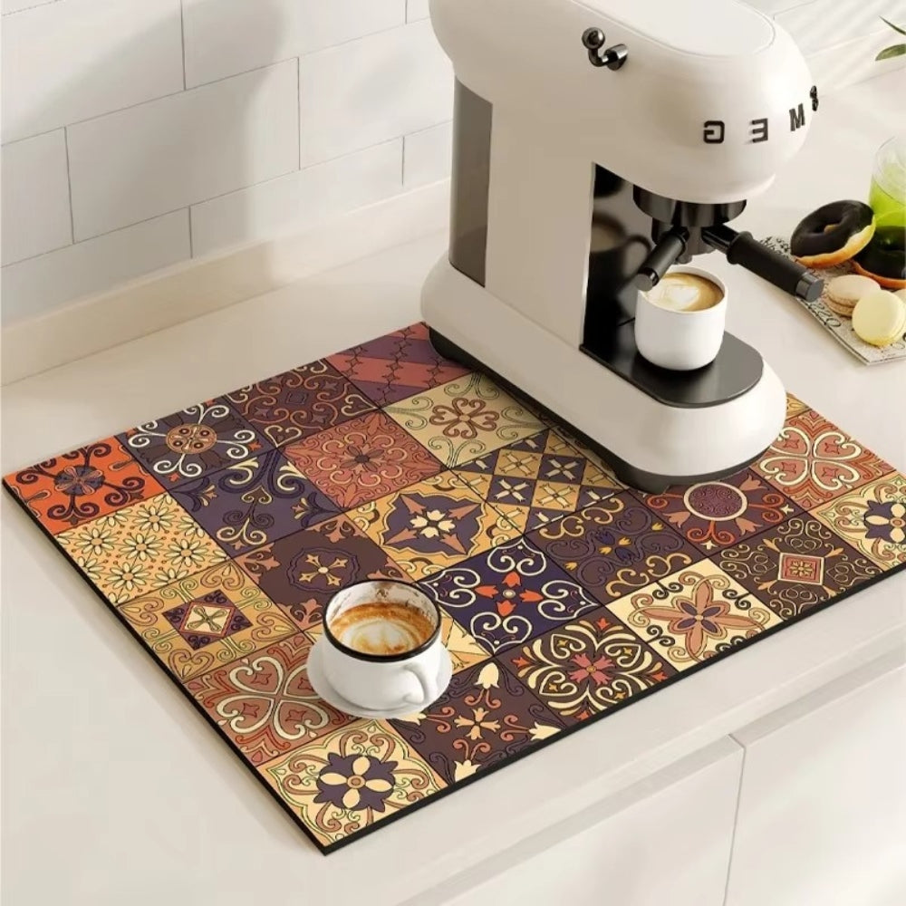retro tile pattern coffee machine mat in classic noir