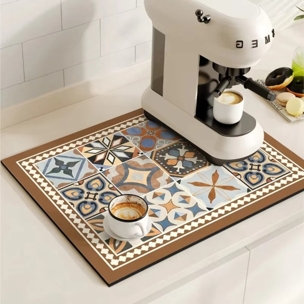 retro tile pattern coffee machine mat in floral brown