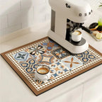 retro tile pattern coffee machine mat in floral brown
