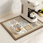 retro tile pattern coffee machine mat in floral wood