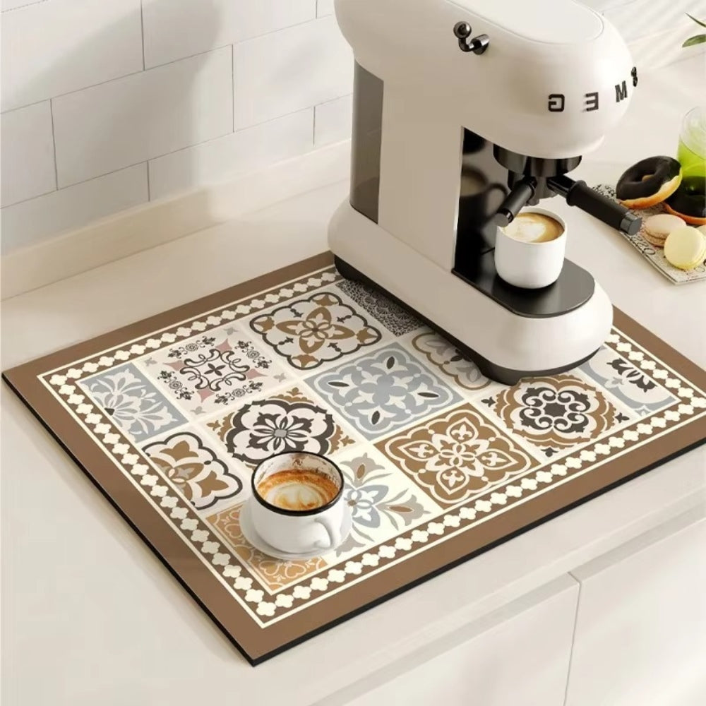 retro tile pattern coffee machine mat in floral wood