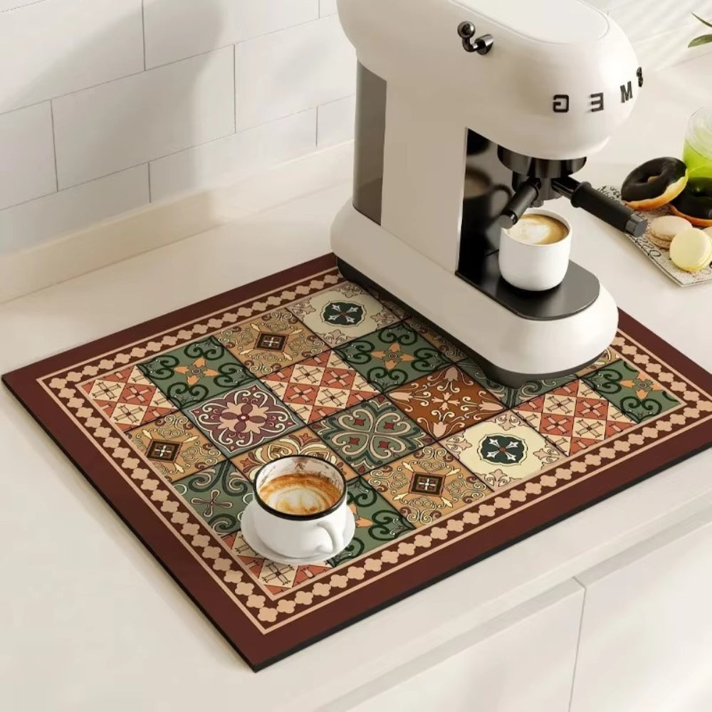 retro tile pattern coffee machine mat in azure tile
