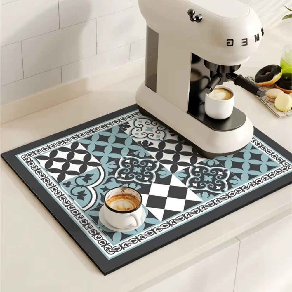 retro tile pattern coffee machine mat in nordic blue
