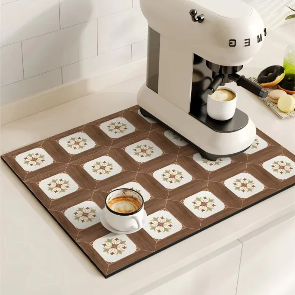 retro tile pattern coffee machine mat in muted mosaic