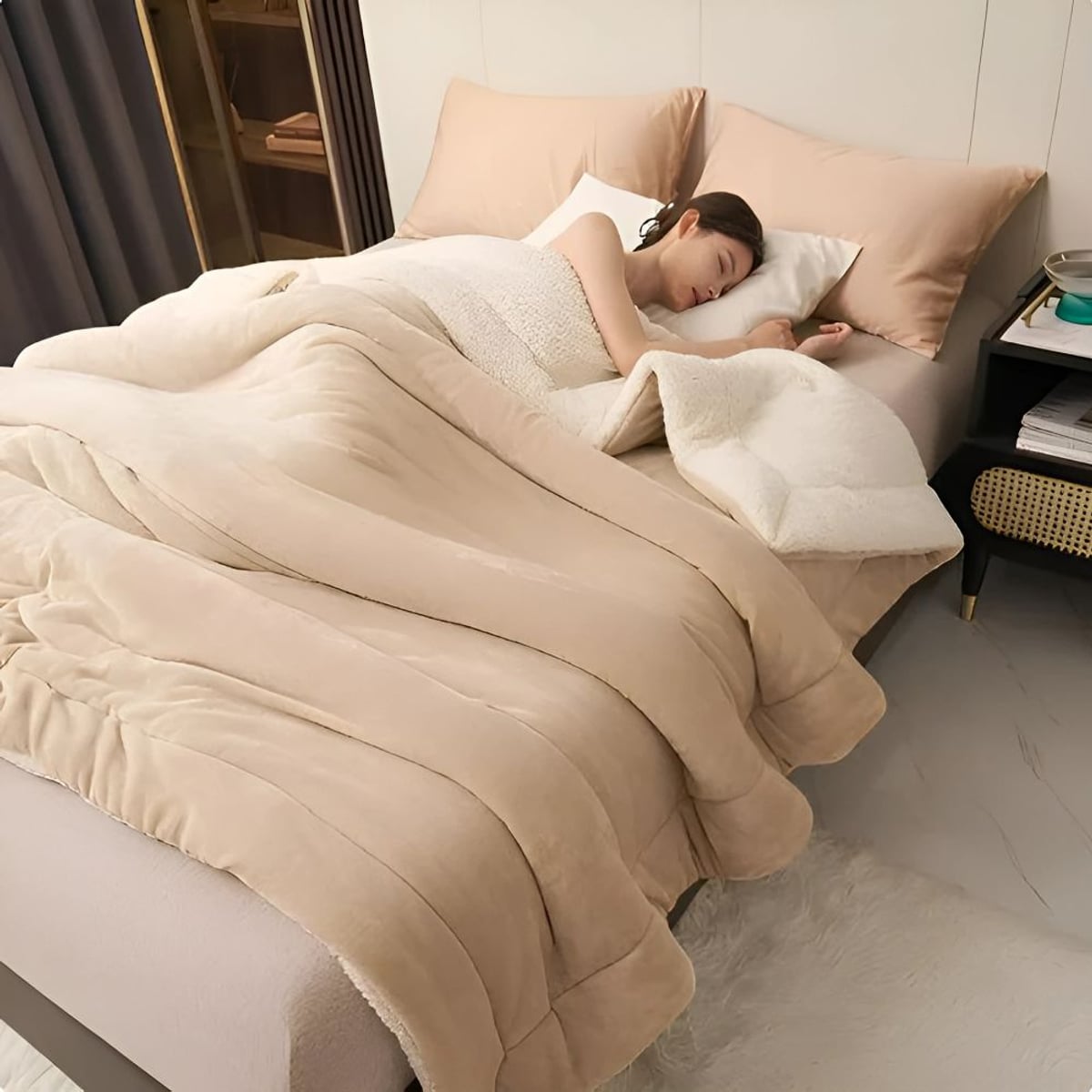 reversible fluffy throw blanket in beige