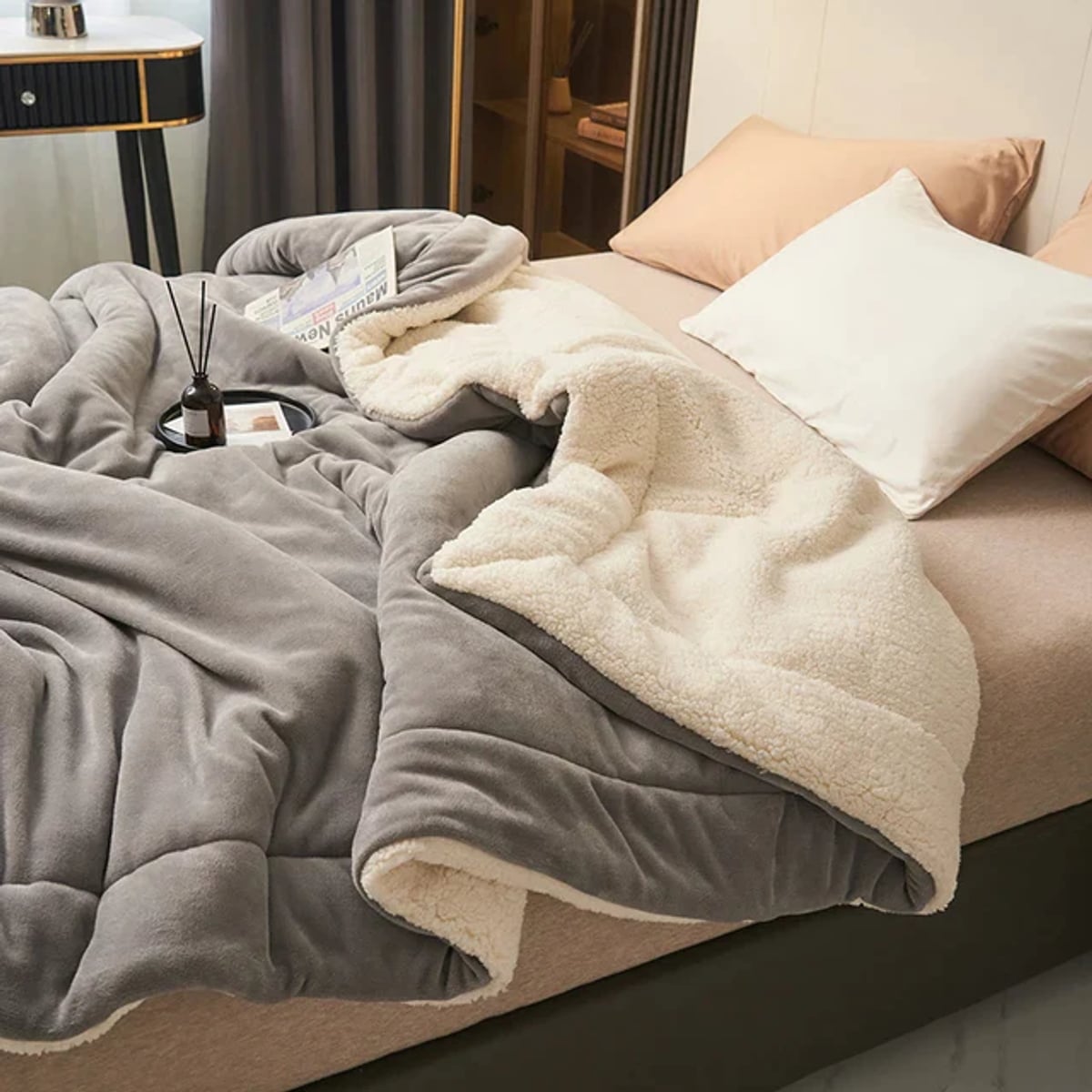 reversible fluffy throw blanket in gray
