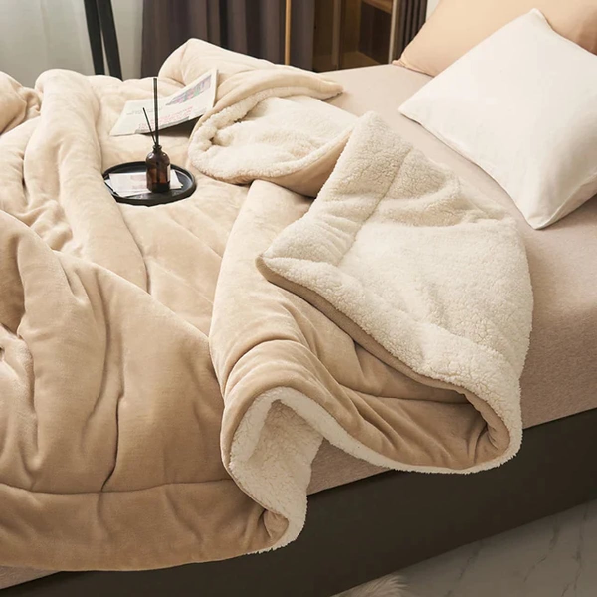 reversible fluffy throw blanket in beige