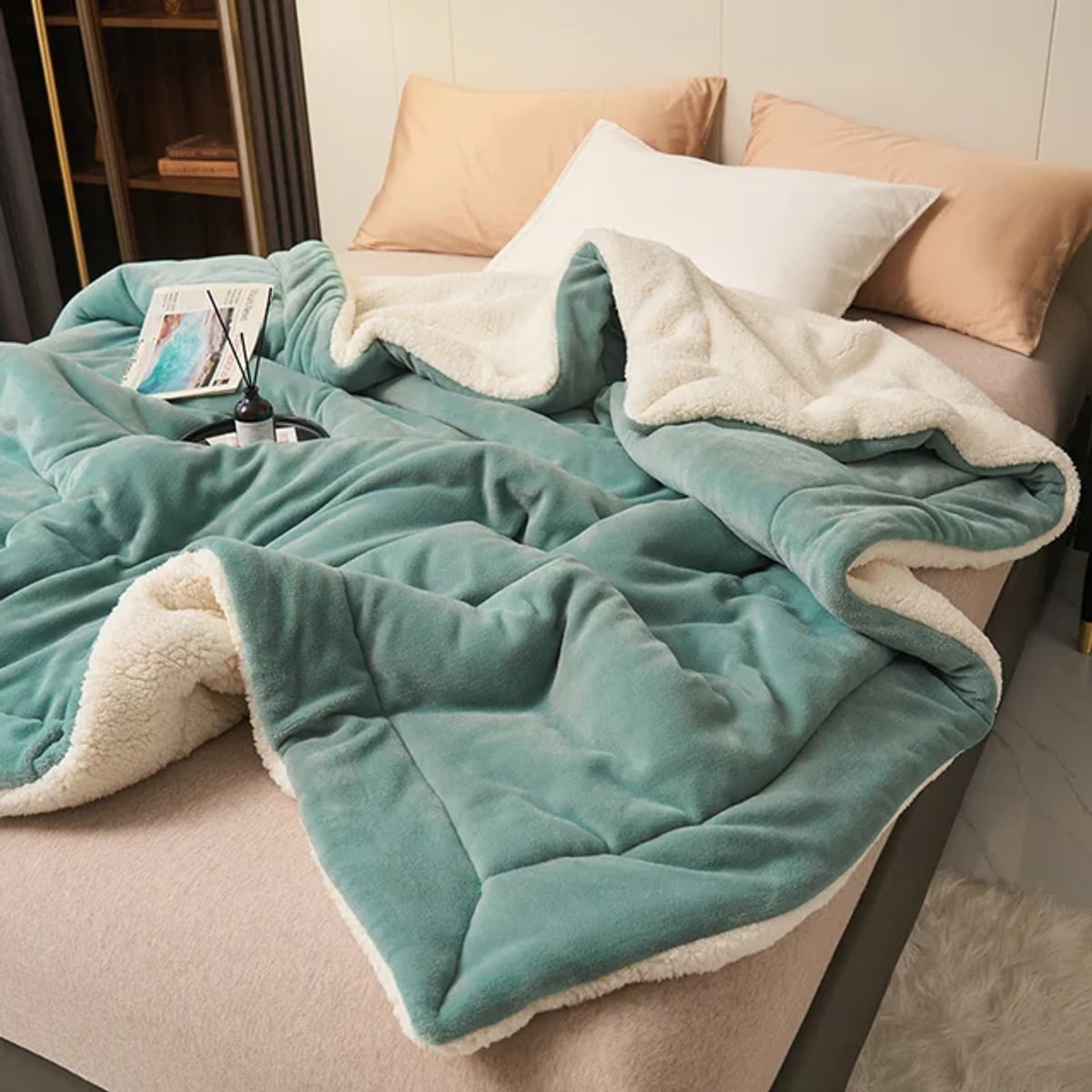 reversible fluffy throw blanket in dark green