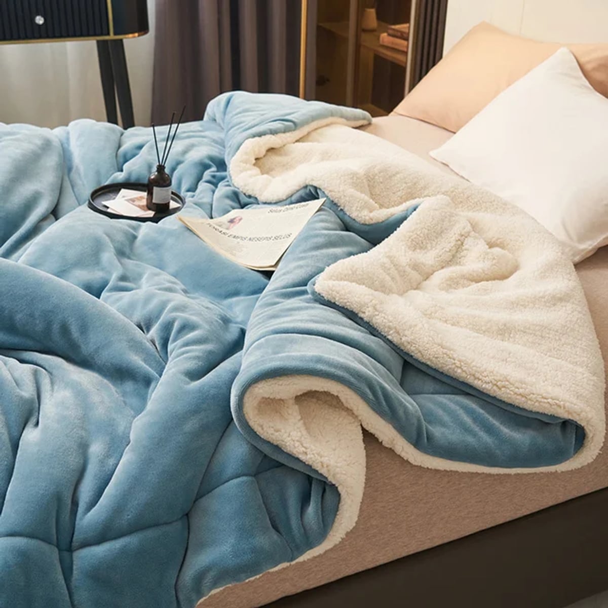 reversible fluffy throw blanket in blue