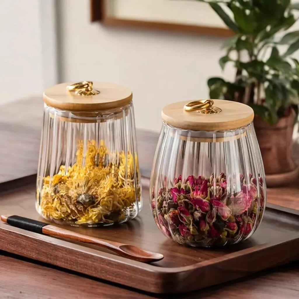 ribbed glass storage jar with wooden lid