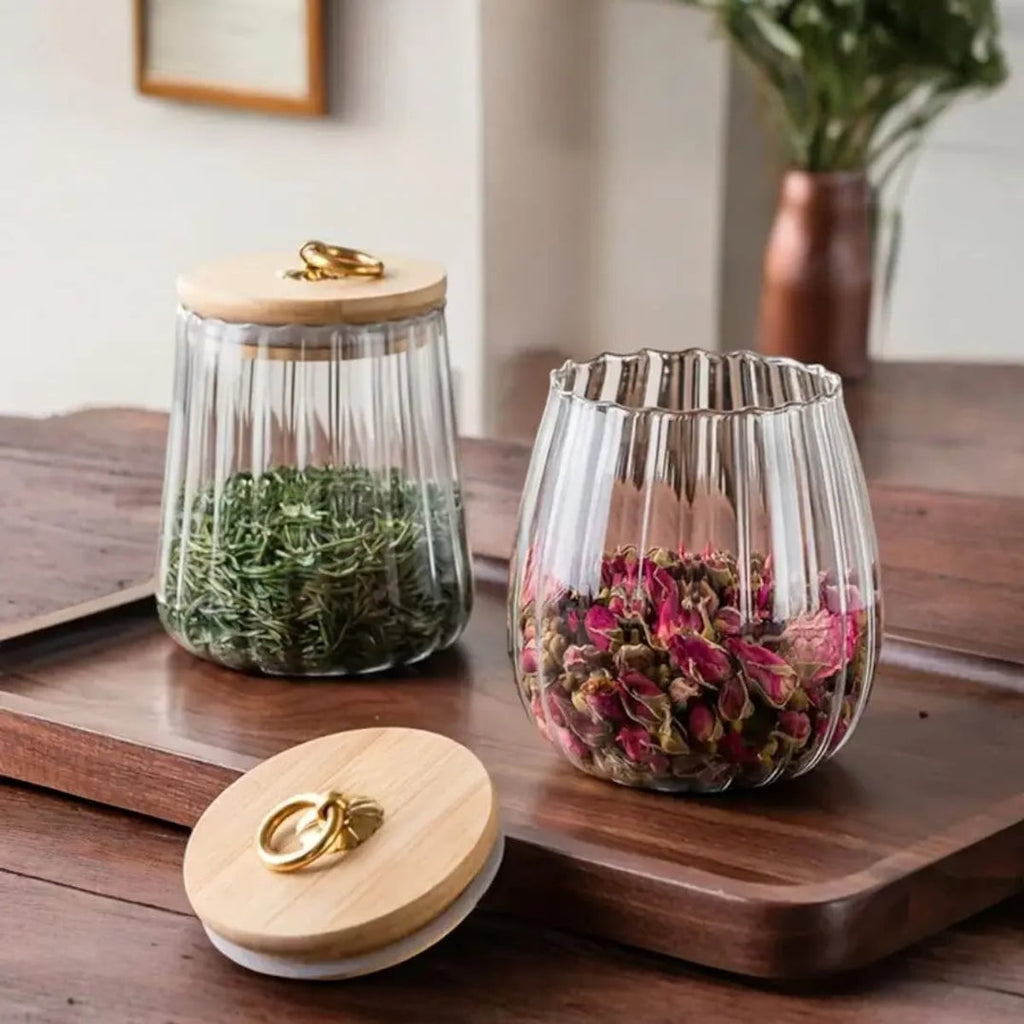 ribbed glass storage jar with wooden lid