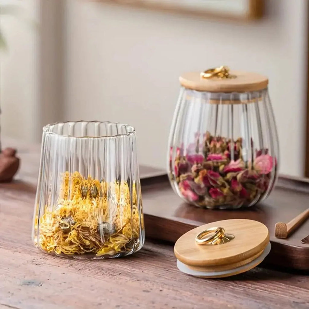 ribbed glass storage jar with wooden lid