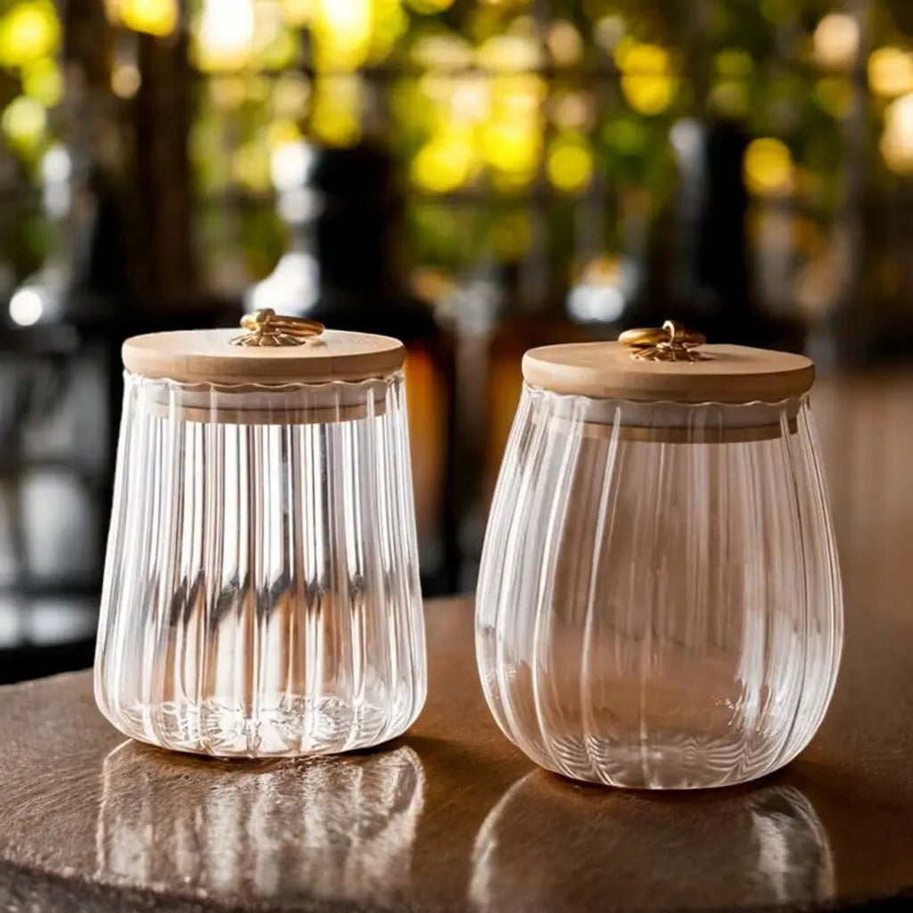 ribbed glass storage jar with wooden lid