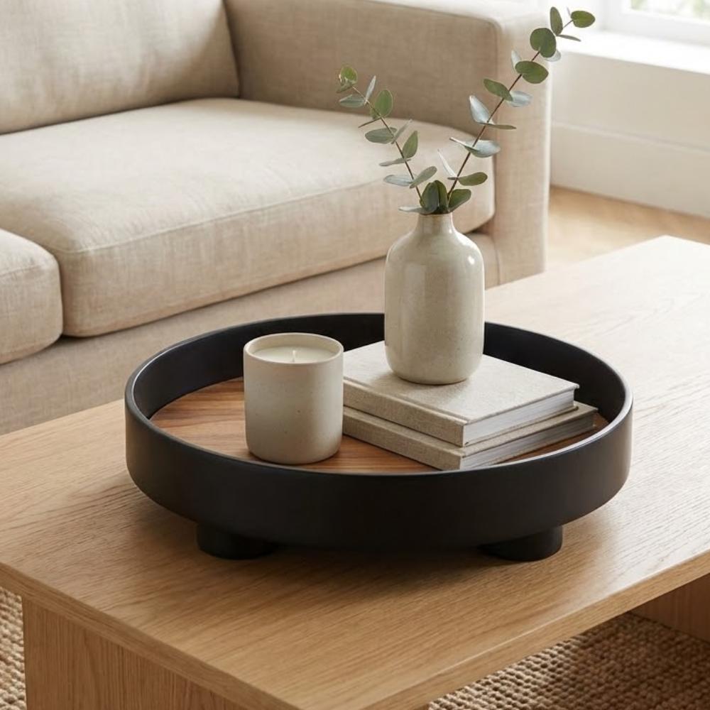 round footed decorative tray in black