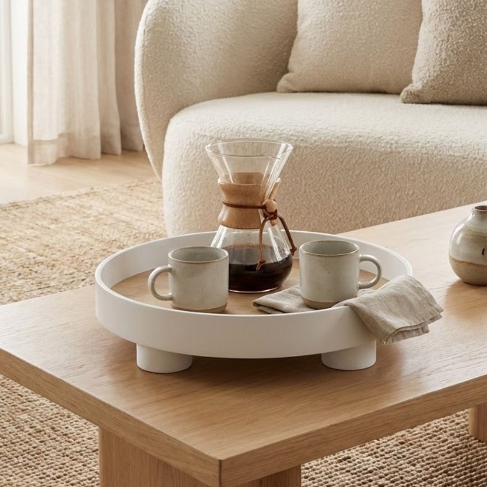 round footed decorative tray in white