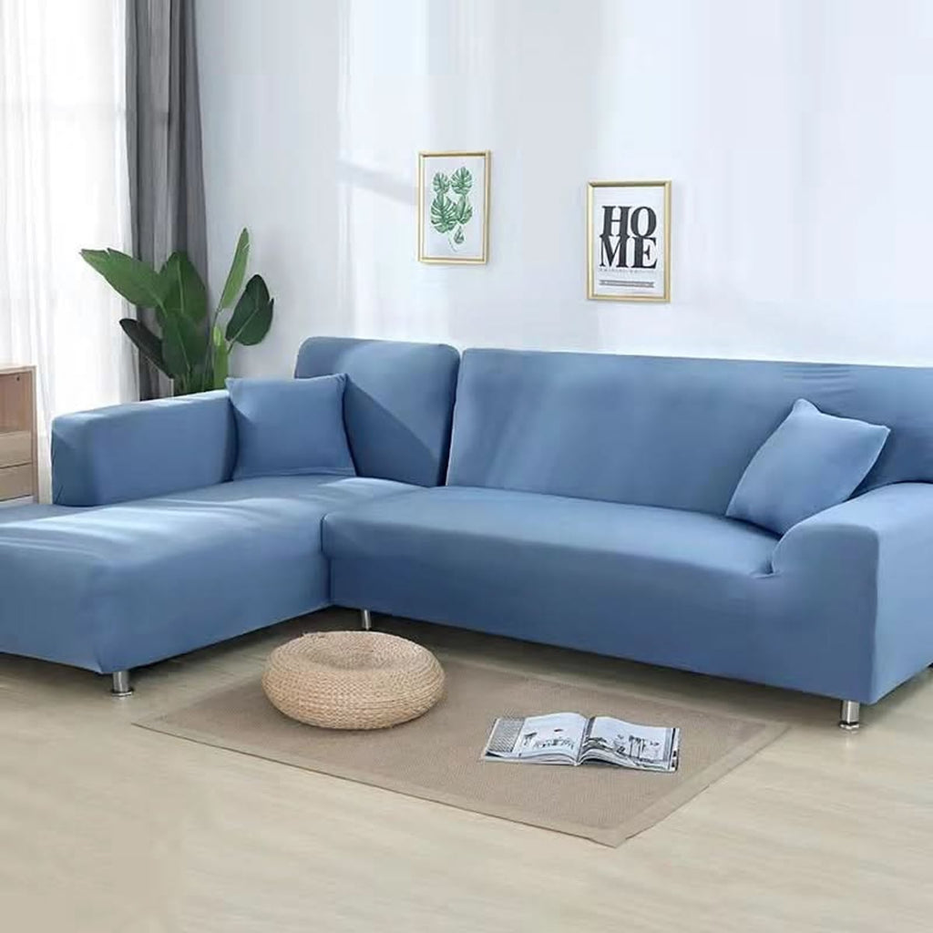 stretch corner sofa cover in grey blue