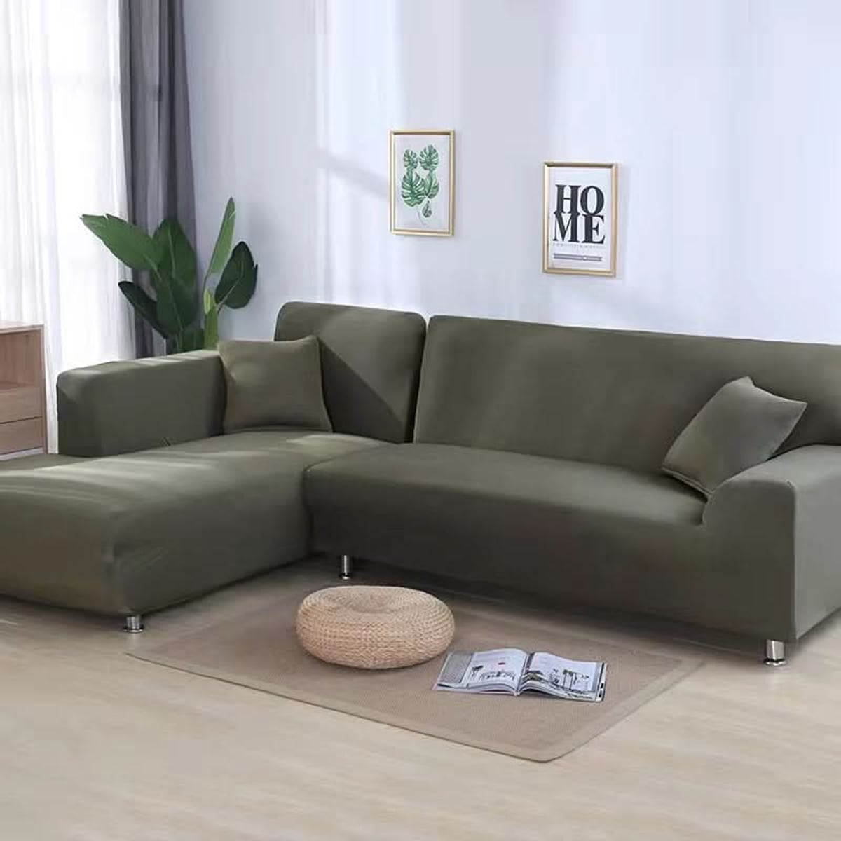 stretch corner sofa cover in army green