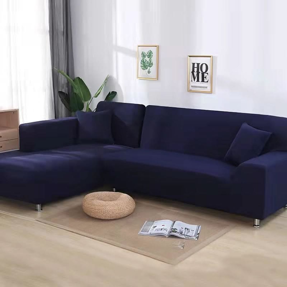 stretch corner sofa cover in navy blue