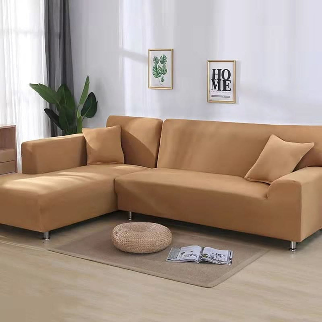 stretch corner sofa cover in camel