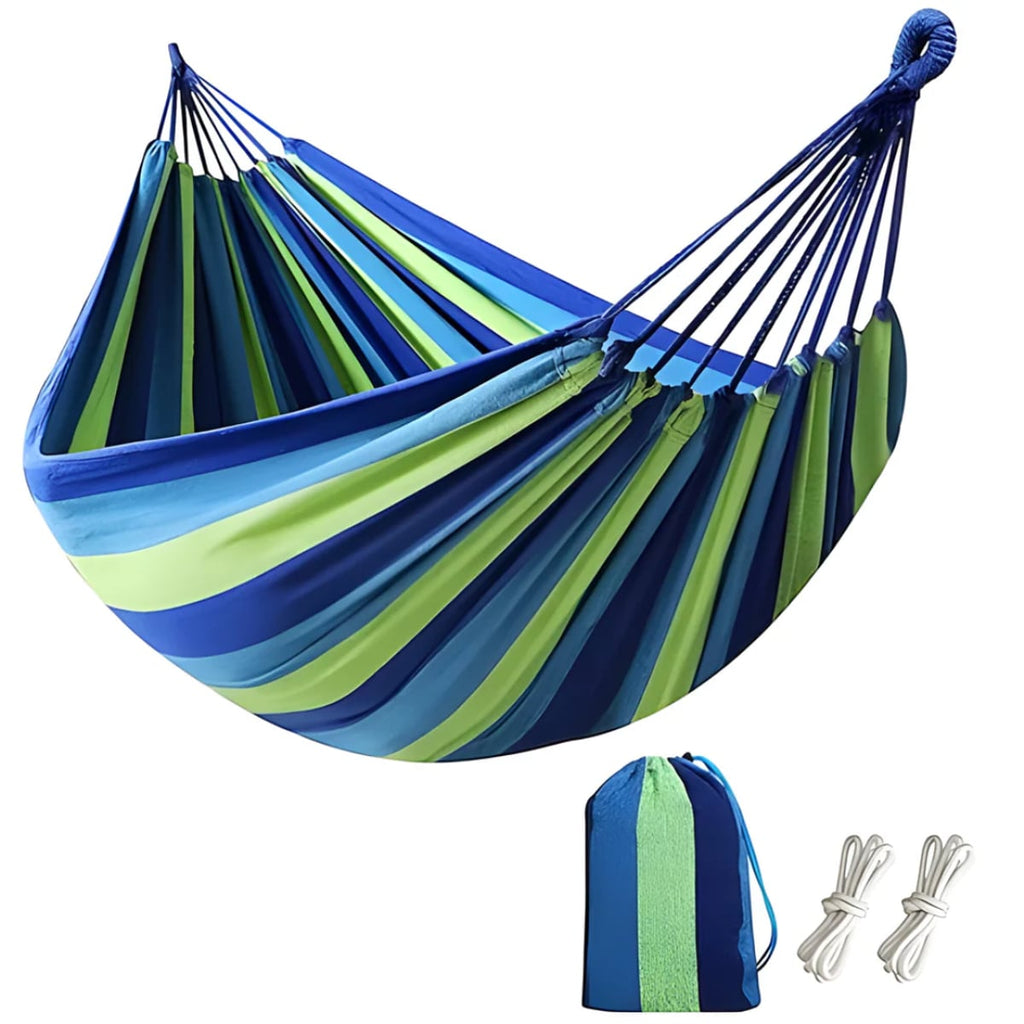 striped garden hammock with carrying bag in blue - 200 cm × 150 cm (78.74" × 59.06")