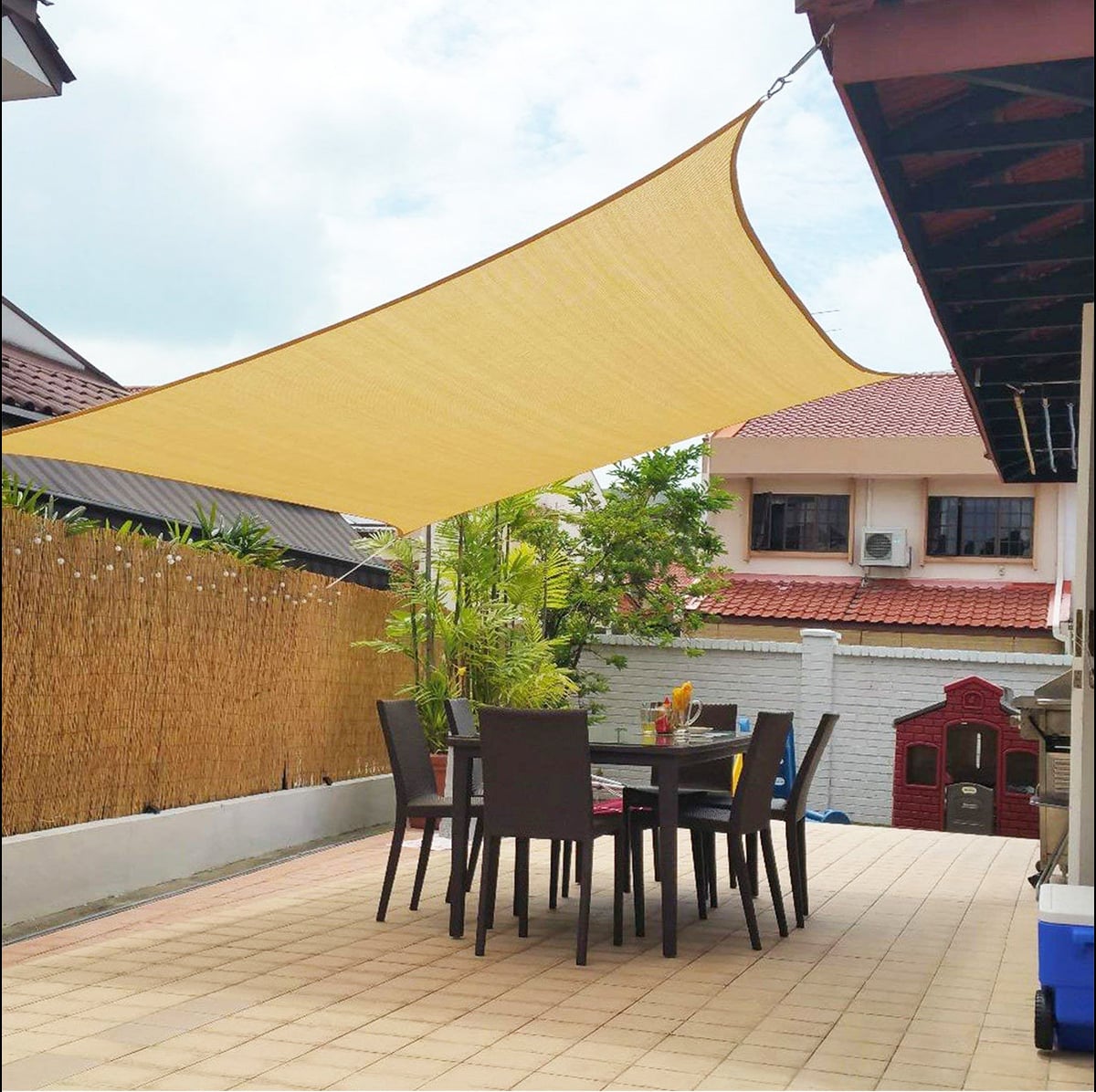 triangle garden sail shade with fixing kit in orange