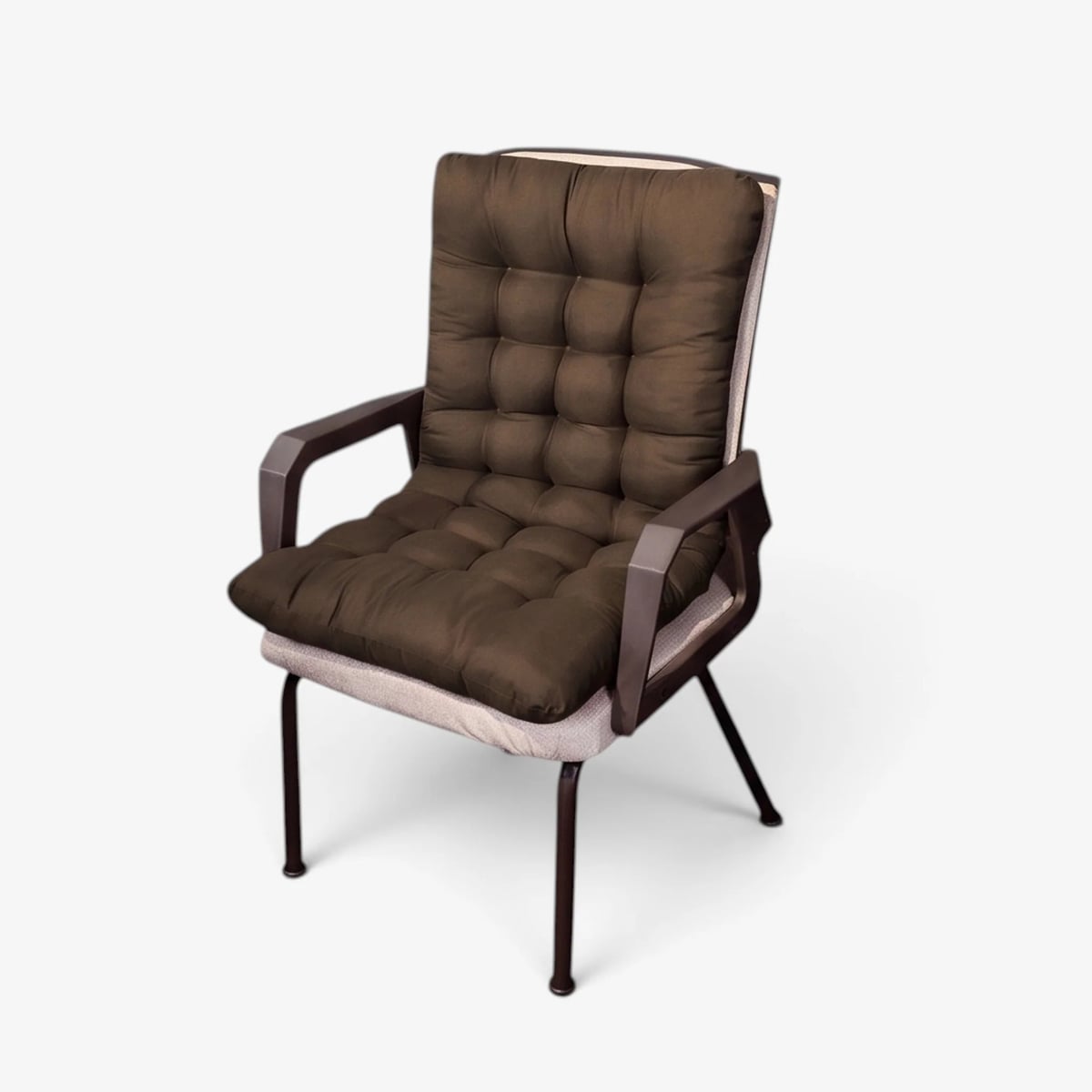 tufted chair pad with integrated back rest in brown