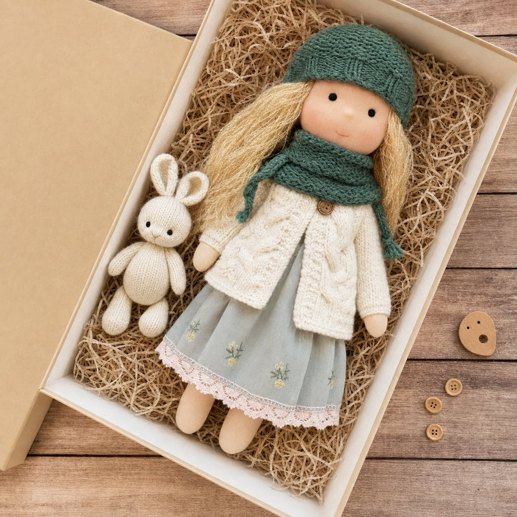 waldorf doll with knitted outfit and gentle animal companion
