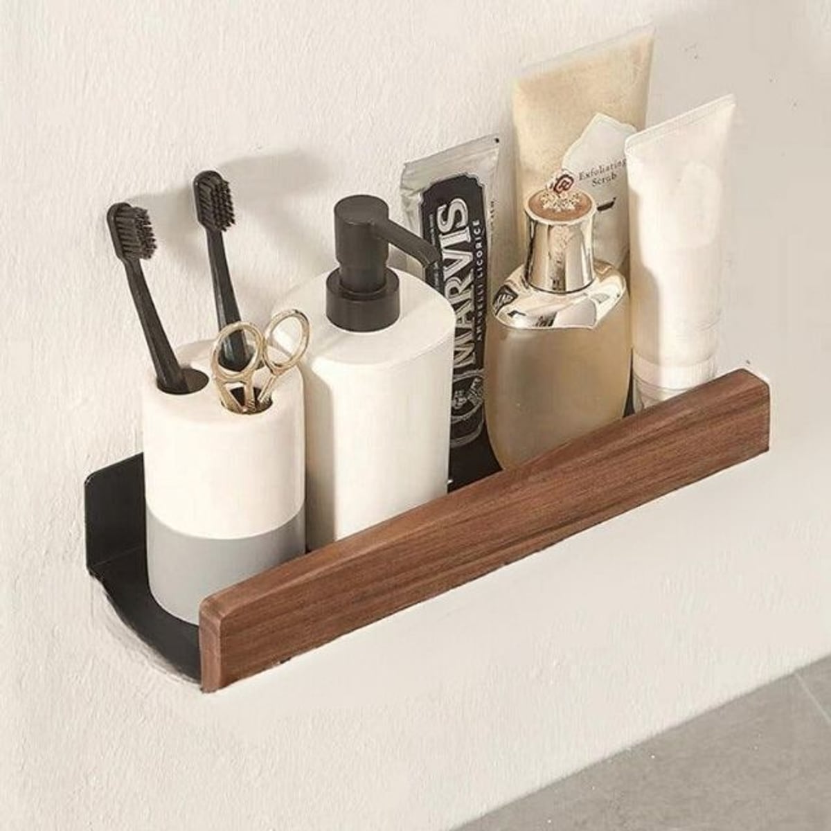 wall-mounted bathroom shelf in brown