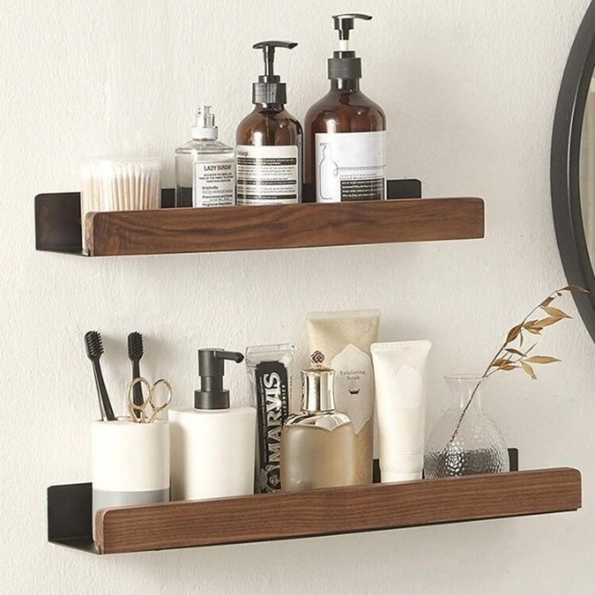 wall-mounted bathroom shelf in brown