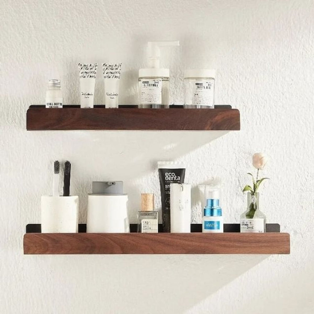 wall-mounted bathroom shelf in brown