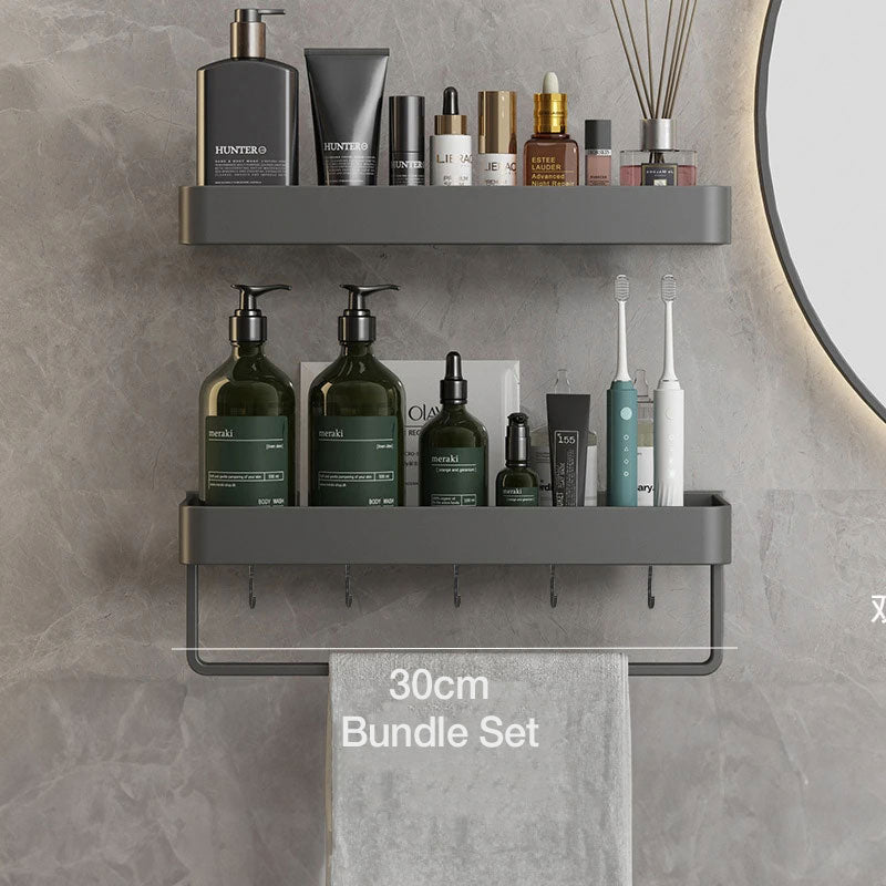 wall-mounted bathroom shelf with towel rail