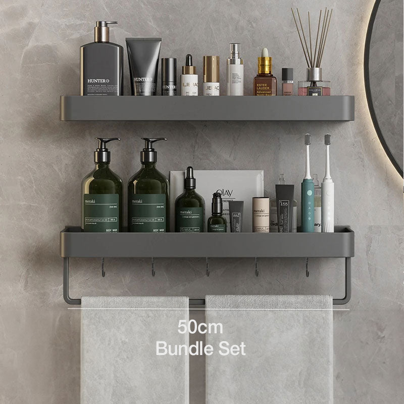 wall-mounted bathroom shelf with towel rail