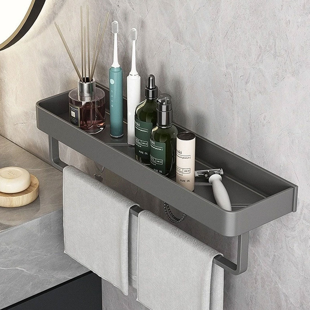 wall-mounted bathroom shelf with towel rail