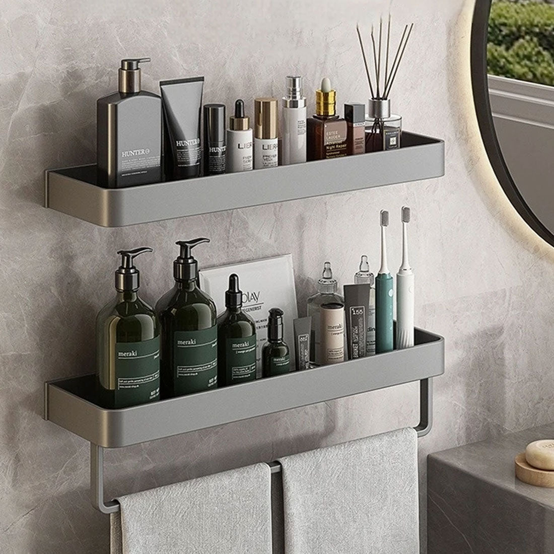 wall-mounted bathroom shelf with towel rail