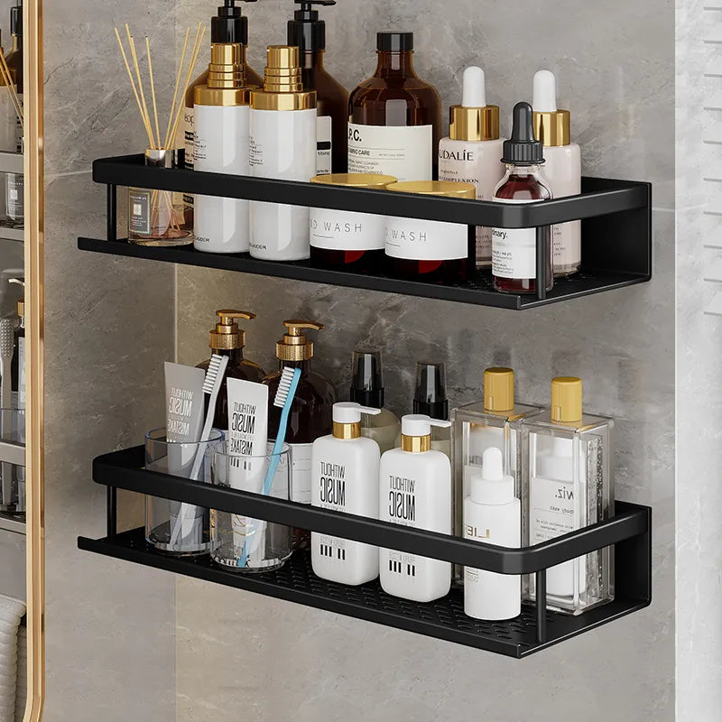 wall-mounted black shower shelf