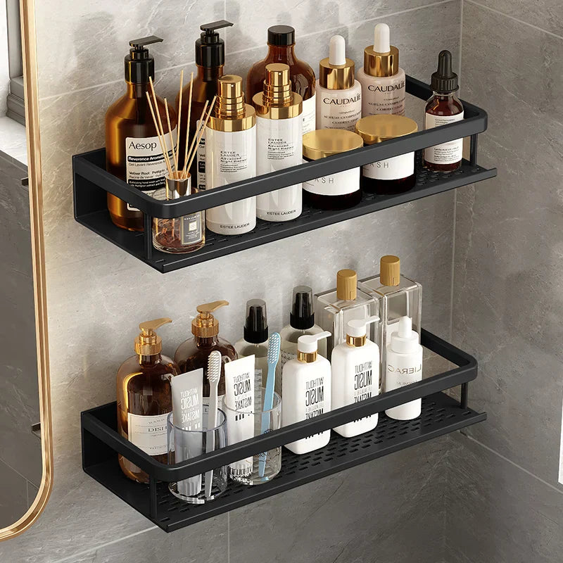 wall-mounted black shower shelf
