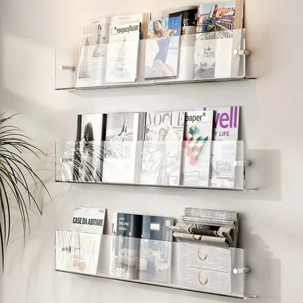 wall-mounted magazine and book display shelf in transparent