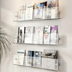 wall-mounted magazine and book display shelf in transparent