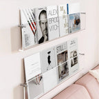 wall-mounted magazine and book display shelf in transparent