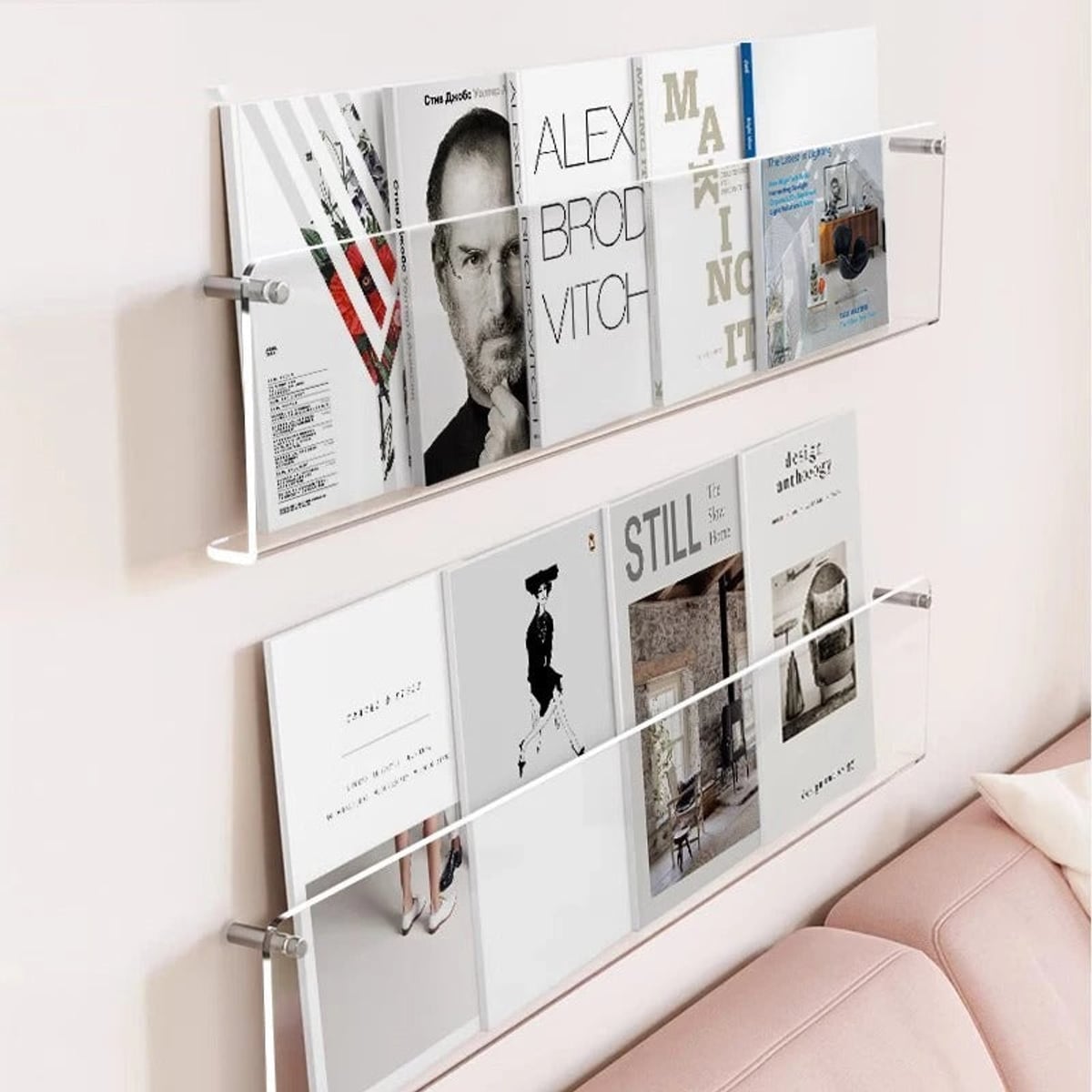 wall-mounted magazine and book display shelf in transparent