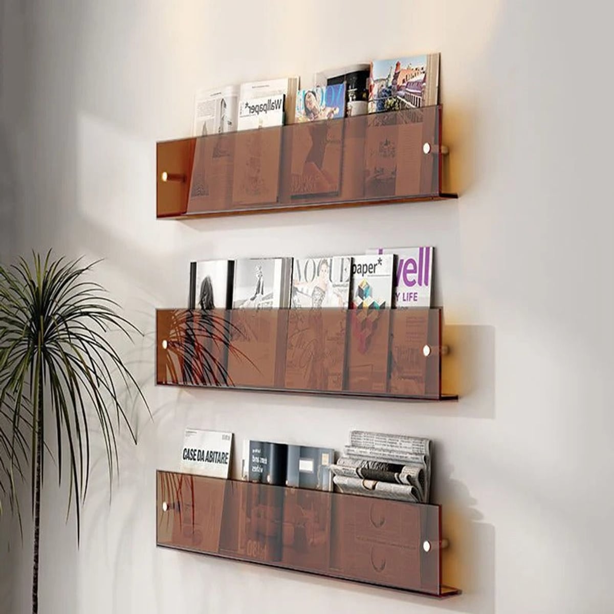 wall-mounted magazine and book display shelf in brown
