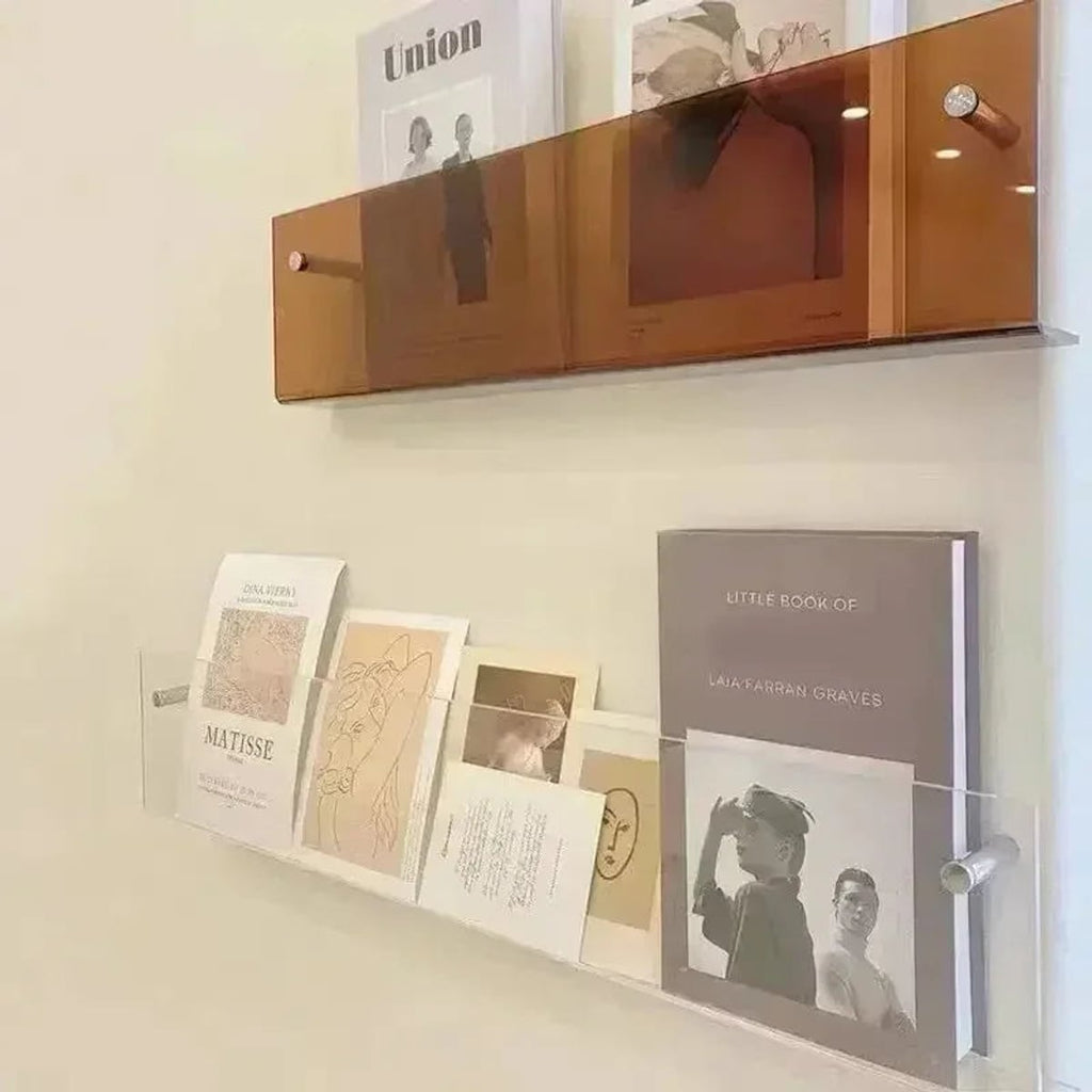 wall-mounted magazine and book display shelf in brown