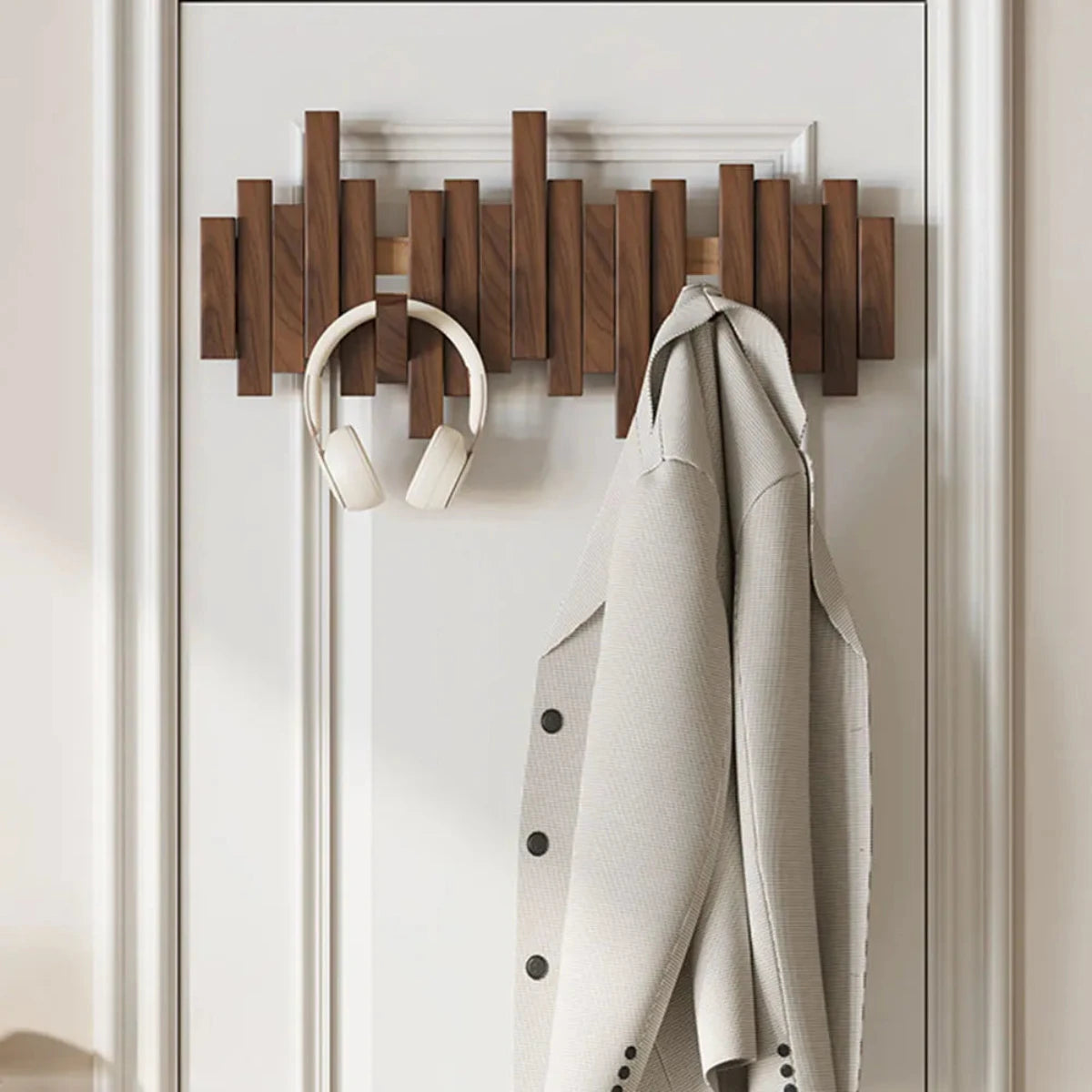 wall-mounted piano key coat hooks in beech wood