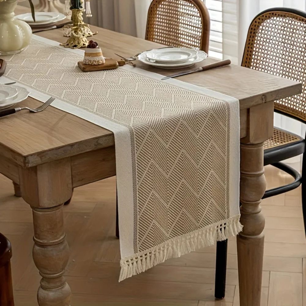 woven tassel table runner in sandstone