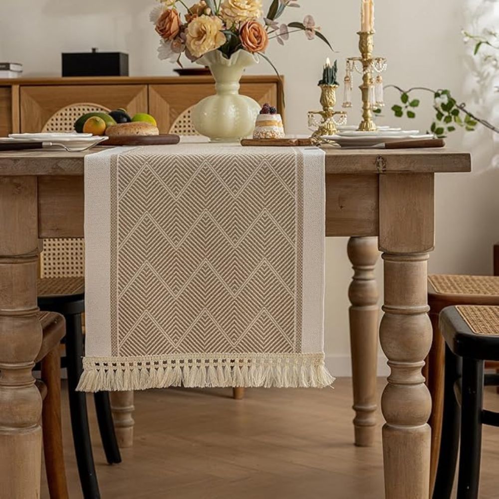 woven tassel table runner in sandstone